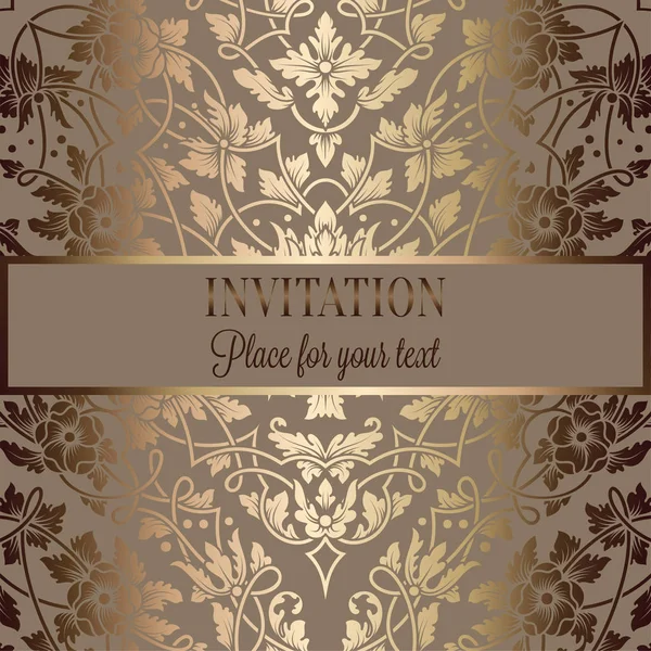 Floral invitation card or background with antique, luxury beige and gold vintage frame, victorian banner, exquisite wallpaper ornament, baroque style booklet, fashion pattern, template for design — Stock Vector