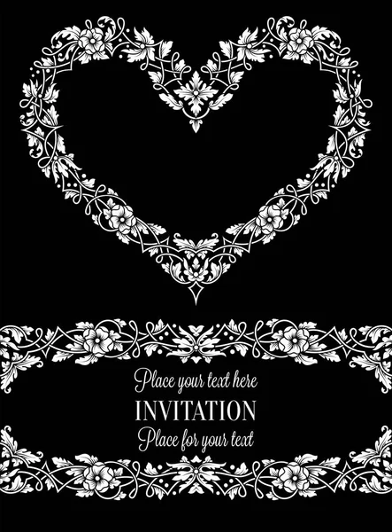 Carte d'invitation florale avec cadre vintage antique, noir et blanc de luxe et grand cœur ornemental, bannière victorienne, ornement de papier peint exquis, livret de style baroque, modèle de mode, modèle de conception — Image vectorielle