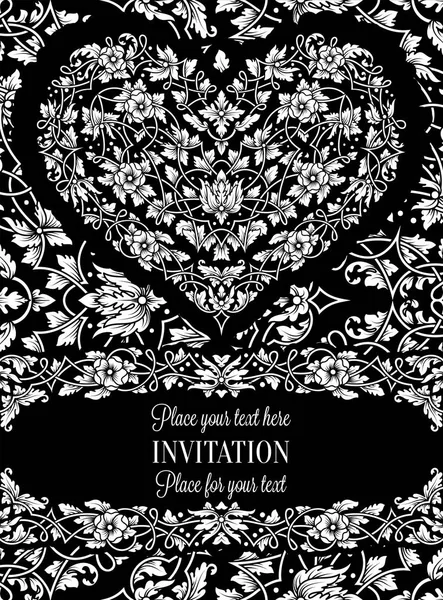 Floral uitnodigingskaart met antiek, luxe zwart-wit vintage frame en grote sier hart, Victoriaanse banner, exquise behang sieraad, barokke stijl boekje, mode patroon, ontwerpsjabloon — Stockvector