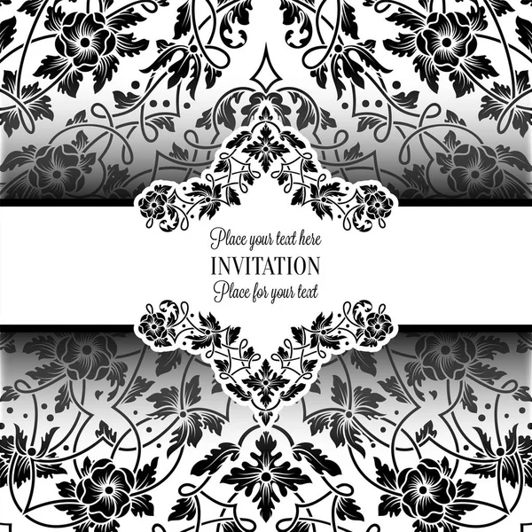 Floral uitnodigingskaart met antieke, luxe zwart-wit vintage frame en decoratieve lacy achtergrond, Victoriaanse banner, exquise behang sieraad, barokke stijl mode patroon, ontwerpsjabloon — Stockvector