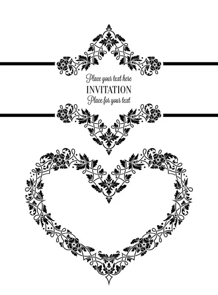 Tarjeta de invitación floral con marco vintage antiguo, blanco y negro de lujo y gran corazón ornamental, bandera victoriana, exquisito ornamento de papel pintado, folleto de estilo barroco, patrón de moda, plantilla de diseño — Vector de stock