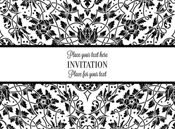 Carte d'invitation florale avec cadre vintage antique, luxueux noir et blanc et fond de dentelle ornementale, bannière victorienne, ornement de papier peint exquis, motif de mode de style baroque, modèle de conception — Image vectorielle