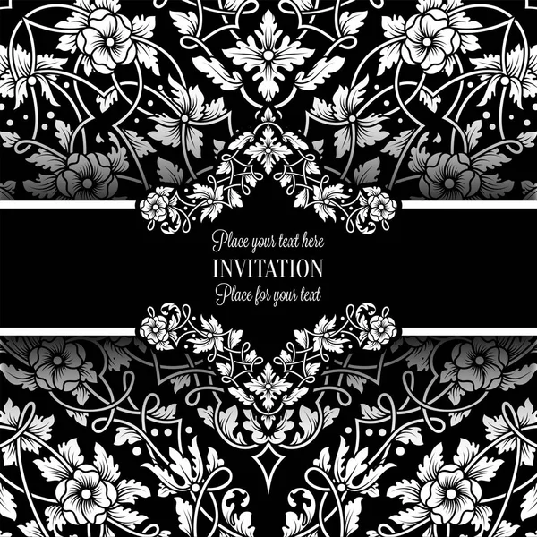 Floral uitnodigingskaart met antieke, luxe zwart-wit vintage frame en decoratieve lacy achtergrond, Victoriaanse banner, exquise behang sieraad, barokke stijl mode patroon, ontwerpsjabloon — Stockvector