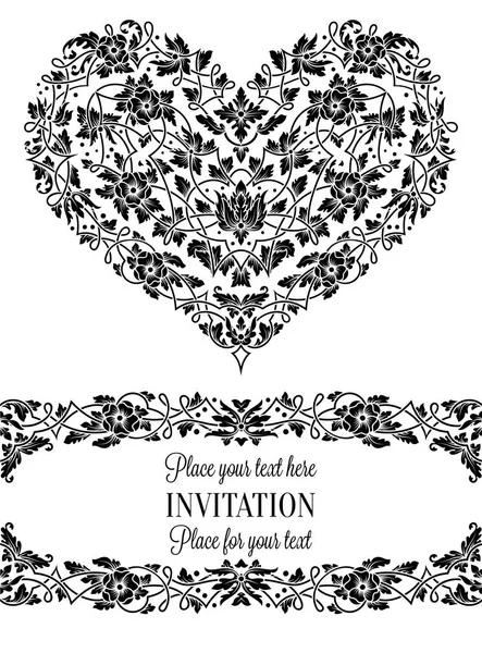Floral uitnodigingskaart met antiek, luxe zwart-wit vintage frame en grote sier hart, Victoriaanse banner, exquise behang sieraad, barokke stijl boekje, mode patroon, ontwerpsjabloon — Stockvector