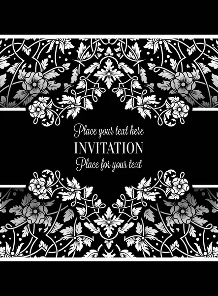 アンティーク、豪華な黒と白のビンテージ フレーム、装飾用レース背景、ビクトリア朝のバナー、絶妙な壁紙の飾り、バロック様式のファッション パターン、デザイン テンプレート花の招待カード — ストックベクタ