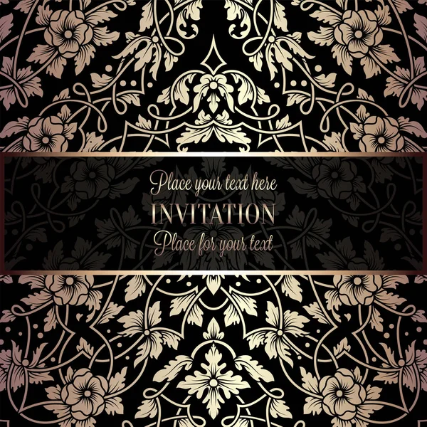 Floral invitation card or background with antique, luxury black and gold vintage frame, victorian banner, intrictae wallpaper lacy ornament, baroque style booklet,fashion pattern, template for design — Stock Vector