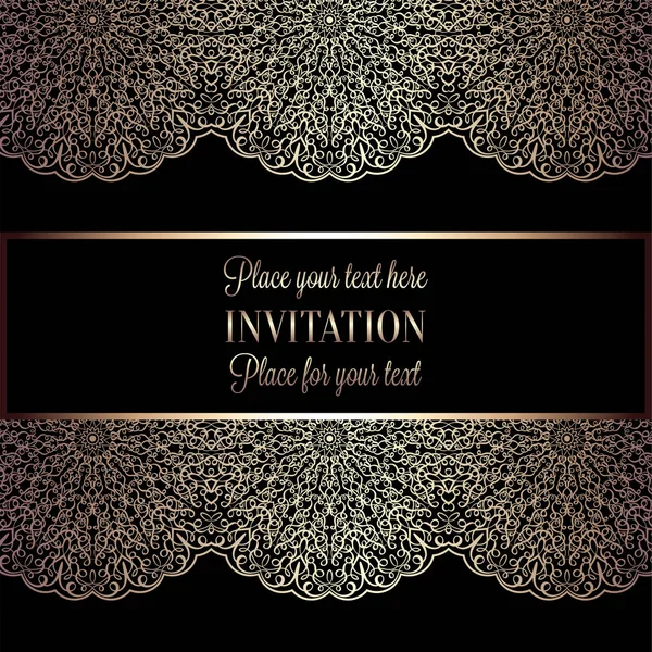 Carte d'invitation florale ou fond avec cadre vintage antique, noir et or de luxe, bannière victorienne, ornement en dentelle de papier peint intrictae, livret de style baroque, modèle de mode, modèle pour la conception — Image vectorielle