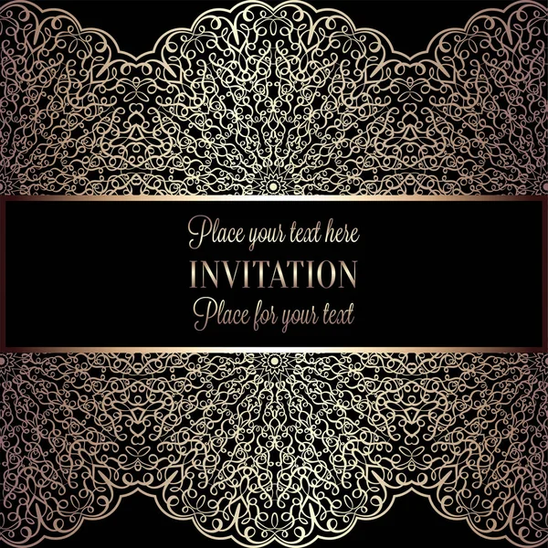 Floral uitnodigingskaart of achtergrond met antiek, luxe zwart en goud vintage frame, Victoriaanse banner, intrictae behang lacy sieraad, barokke stijl boekje, mode patroon, sjabloon voor ontwerp — Stockvector