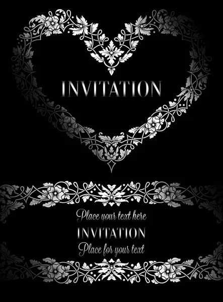 Carte d'invitation florale avec cadre vintage antique, noir et blanc de luxe et grand cœur ornemental, bannière victorienne, ornement de papier peint exquis, livret de style baroque, modèle de mode, modèle de conception — Image vectorielle