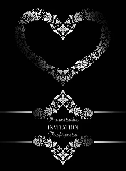 Floral invitation card with antique, luxury black and white vintage frame and big ornamental heart,victorian banner,exquisite wallpaper ornament, baroque style booklet,fashion pattern, design template — Stock Vector