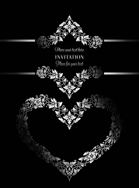 Floral invitation card with antique, luxury black and white vintage frame and big ornamental heart,victorian banner,exquisite wallpaper ornament, baroque style booklet,fashion pattern, design template — Stock Vector