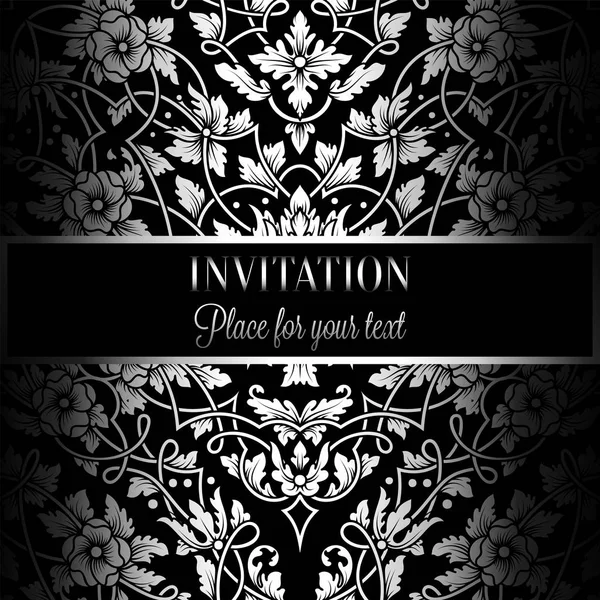 Carte d'invitation florale avec cadre vintage antique, noir et argent de luxe et fond de dentelle ornementale, bannière victorienne, ornement de papier peint exquis, motif de mode de style baroque, modèle de conception — Image vectorielle