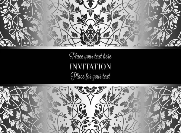 Carte d'invitation florale avec cadre vintage antique, argent de luxe et gris et fond de dentelle ornementale, bannière victorienne, ornement de papier peint exquis, motif de mode de style baroque, modèle de conception — Image vectorielle