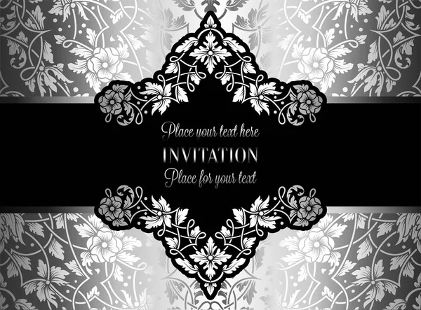 Carte d'invitation florale avec cadre vintage antique, argent de luxe et gris et fond de dentelle ornementale, bannière victorienne, ornement de papier peint exquis, motif de mode de style baroque, modèle de conception — Image vectorielle