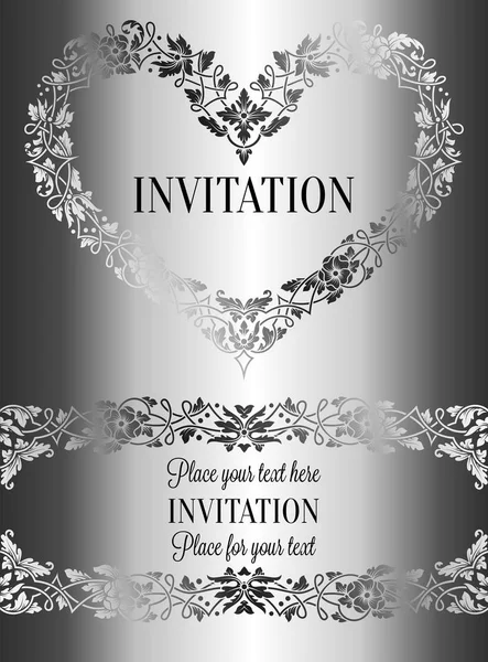 Floral invitation card with antique, luxury silver and gray vintage frame and ornamental heart,victorian banner,exquisite wallpaper ornament, baroque style fashion pattern, design template — Stock Vector