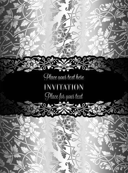 Floral invitation card with antique, luxury silver and gray vintage frame and ornamental lacy background,victorian banner,exquisite wallpaper ornament, baroque style fashion pattern, design template — Stock Vector