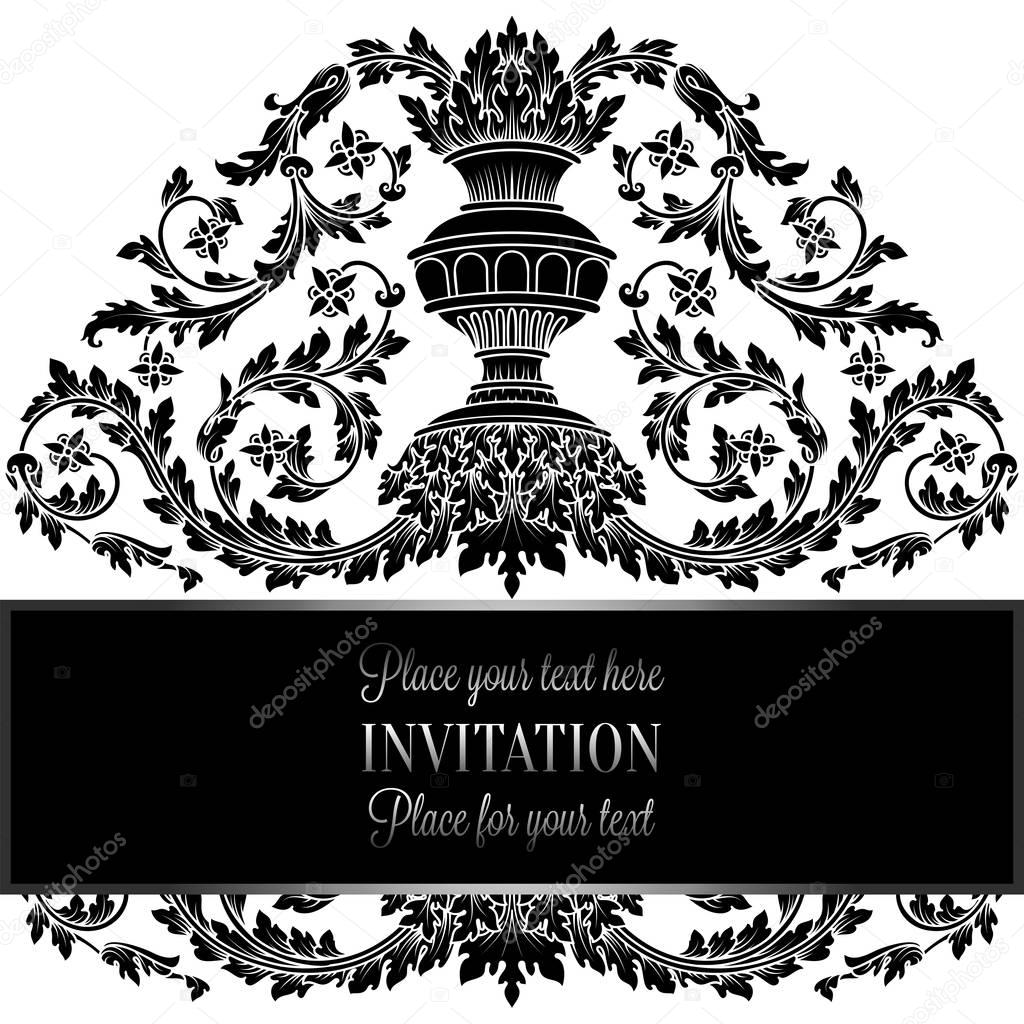 Victorian rich background with antique, luxury black and white vintage frame, ornamental banner, royal gold vase with floral lacy swirls, invitation card in baroque style, booklet with fashion pattern