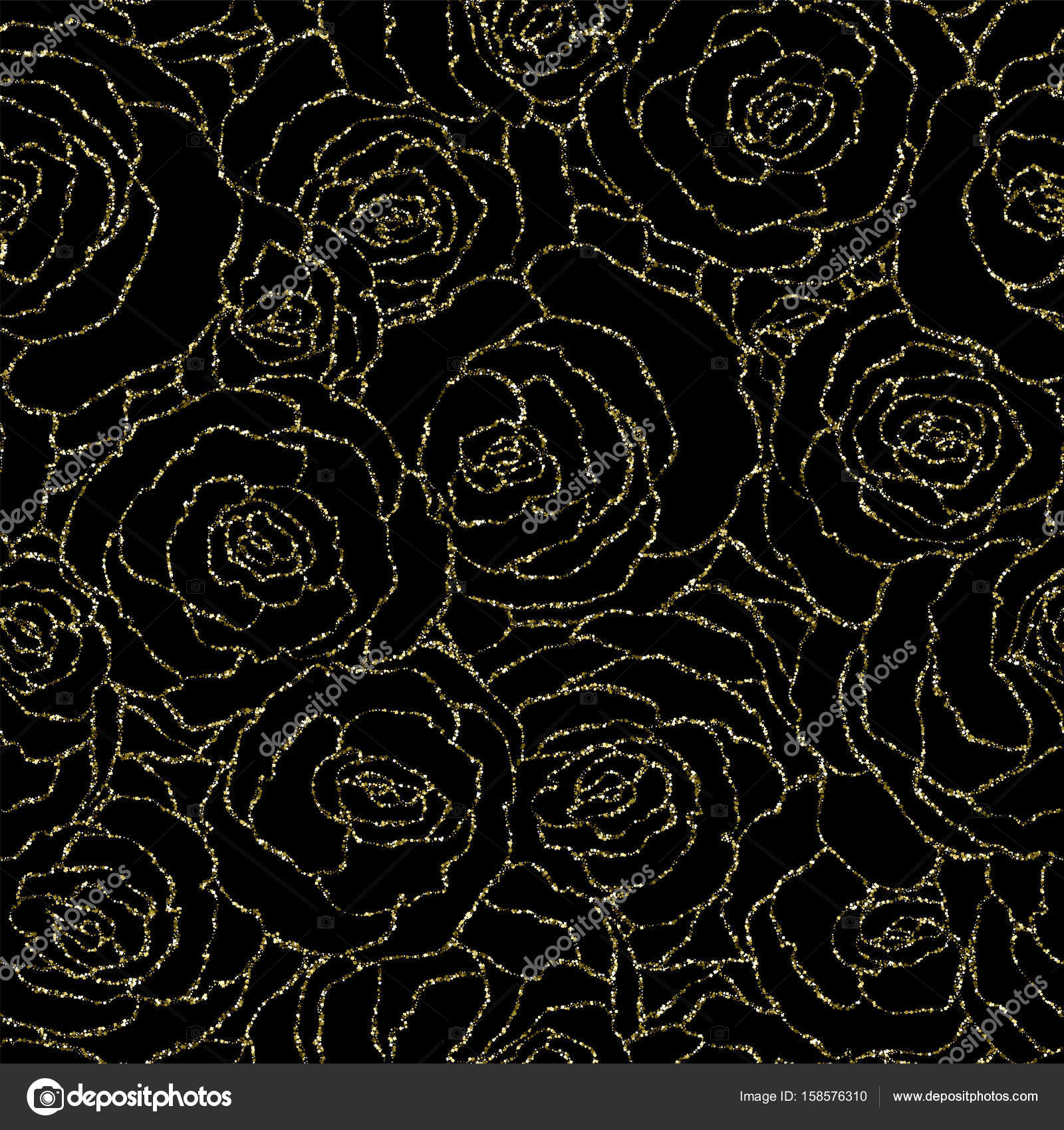 Seamless pattern with vector gold glitter roses. Vector illustration of a  silhouette of a flower, consisting of sequins or glitter. Gold decoration  background, glamour shiny texture with gold sparkles Stock Vector by ©