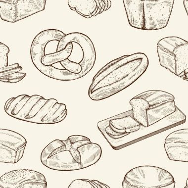 Sorunsuz gıda kroki desen. El çekilmiş ekmek ve fırın arka plan, freehand gravür tarzı, sanatsal seamless modeli.