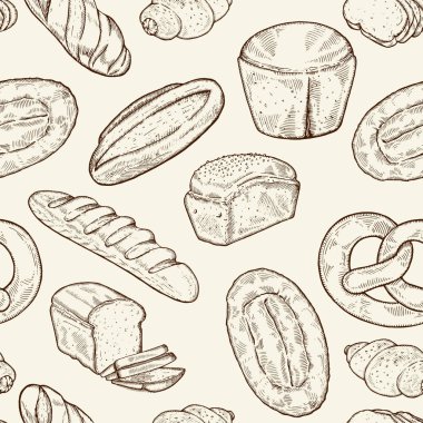 Sorunsuz gıda kroki desen. El çekilmiş ekmek ve fırın arka plan, freehand gravür tarzı, sanatsal seamless modeli.