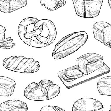 Sorunsuz gıda kroki desen. El çekilmiş ekmek ve fırın arka plan, freehand gravür tarzı, sanatsal seamless modeli.