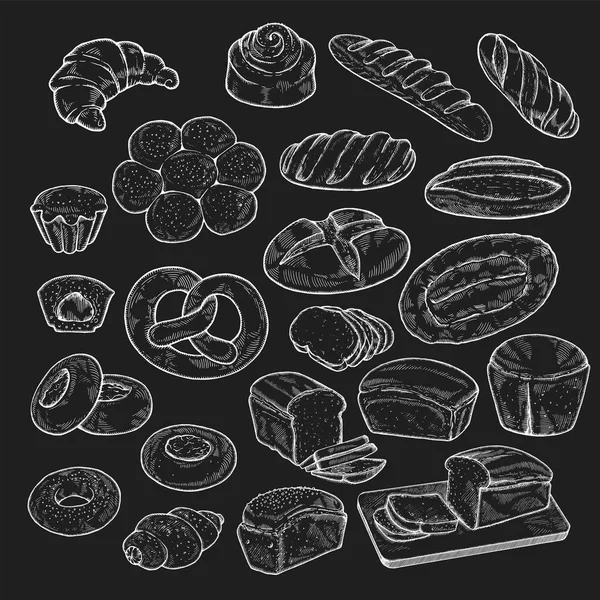 Big set of food sketch illustration. Hand drawn bread and bakery background, freehand engraving style, artistic elements. — Stock Vector
