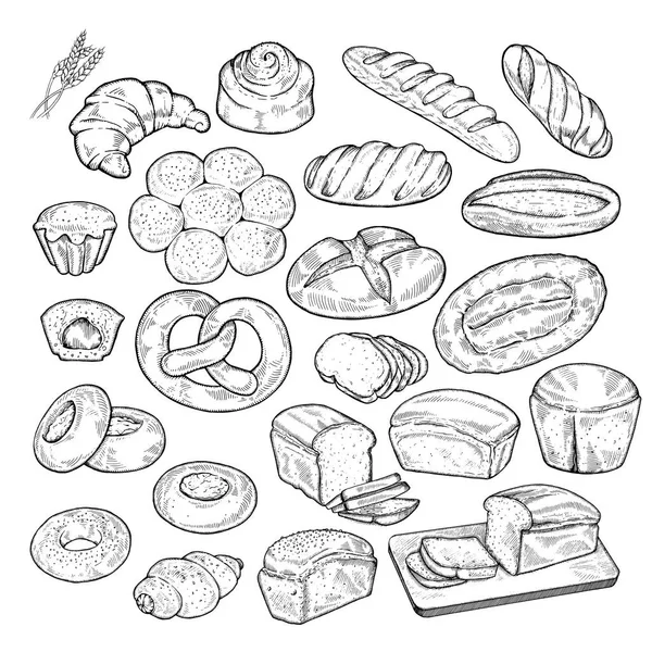 料理スケッチ図の大きなセット。パンとパン屋さんの描かれた背景、フリーハンドの彫刻スタイル、芸術的な要素を手します。. — ストックベクタ