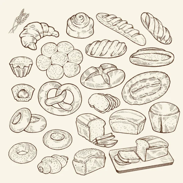 Élelmiszer szett vázolja fel. Kézzel rajzolt kenyér- és pékáru háttér, szabadkézi gravírozás stílus, művészeti elemek — Stock Vector