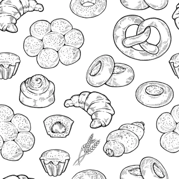 원활한 음식 스케치 패턴입니다. 손으로 그린된 빵과 빵집 배경, 자유 조각 스타일, 예술적 완벽 한 패턴. — 스톡 벡터
