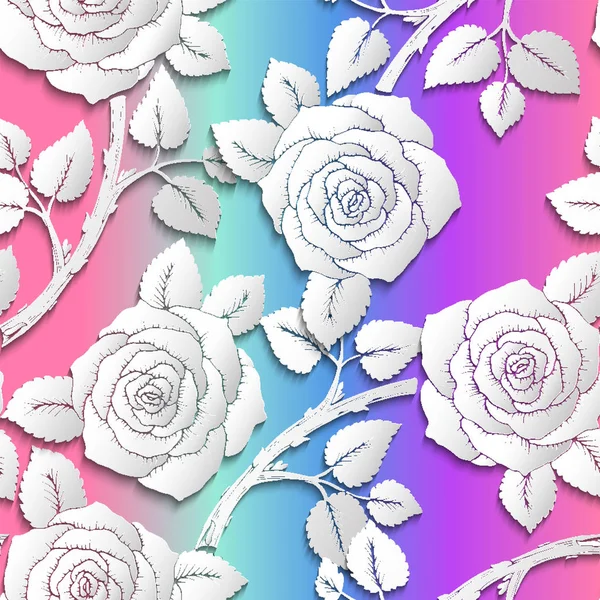 Papier découpé art fleur fond motif sans couture. Origami fleurs roses avec des branches sur fond de couleur arc-en-ciel. Illustration vectorielle avec effet de superposition de volume . — Image vectorielle
