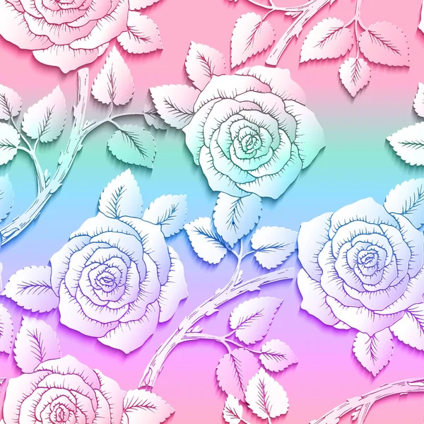 Papier geschnittene Kunst Blumen Hintergrund nahtlose Muster. Origami-Rosenblüten mit Zweigen auf regenbogenfarbenem Hintergrund. Vektoraktiendarstellung mit Volume-Layering-Effekt. — Stockvektor