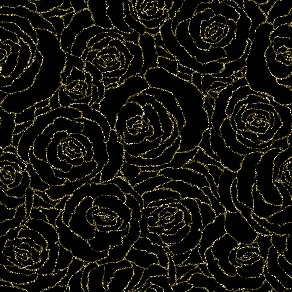 Modello senza cuciture con vettoriale oro glitter rose. Illustrazione vettoriale di una sagoma di un fiore, costituita da paillettes o glitter. Decorazione oro sfondo, glamour texture lucida con scintille d'oro — Vettoriale Stock