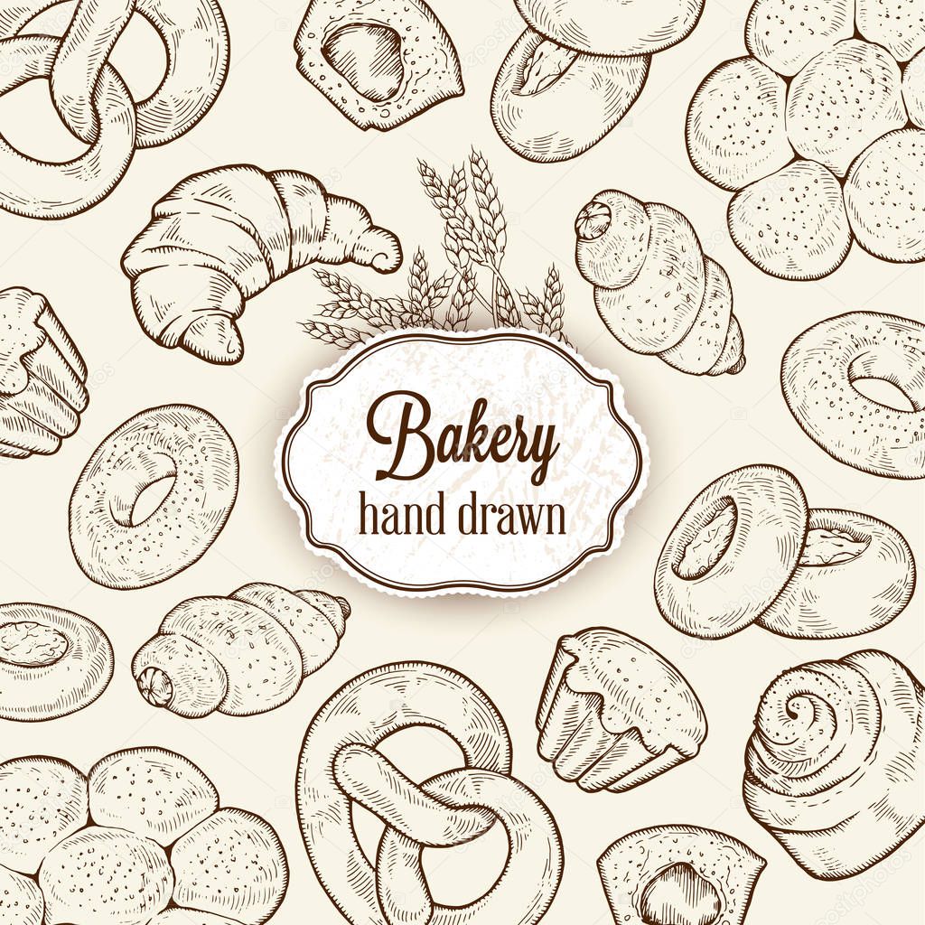 Vector bakery retro background with place for text. Vintage hand drawn illustration with bread and bakery. Sketch style, sticker, banner, logo.