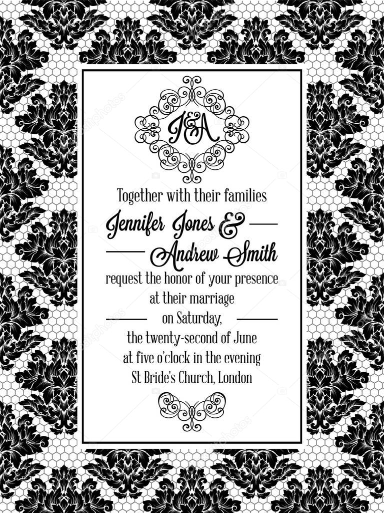 Damask pattern design for wedding invitation in black and white lace. Pattern is included as seamless swatch for easier use and edit.