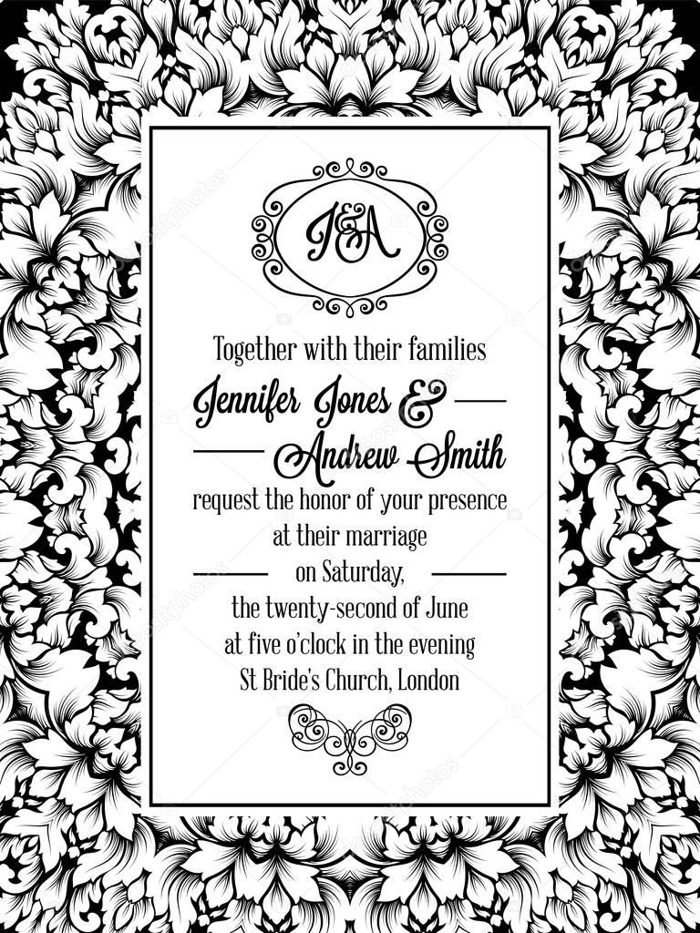 Damask pattern design for wedding invitation in black and white. Brocade royal frame and exquisite monogram