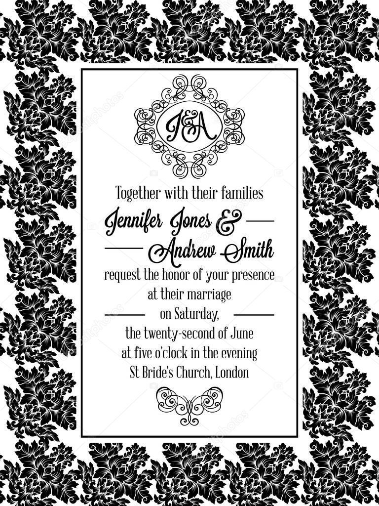 Damask victorian brocade pattern design for wedding invitation in black and white. Floral swirls royal frame and exquisite monogram