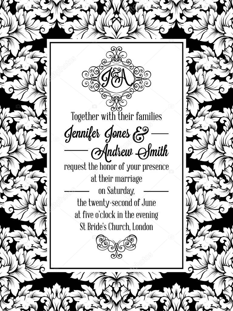 Damask victorian brocade pattern design for wedding invitation in black and white. Floral swirls royal frame and exquisite monogram