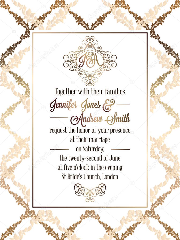 Vintage baroque style wedding invitation card template.. Elegant formal design with damask background, traditional decoration for wedding , gold on white background