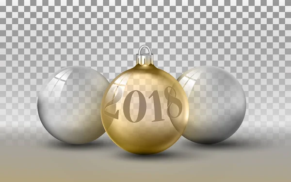Shiny glass transparent Christmas toys template. Three christmas balls on background. Silver and gold year 2018 decoration, realistic elements — Stock Vector
