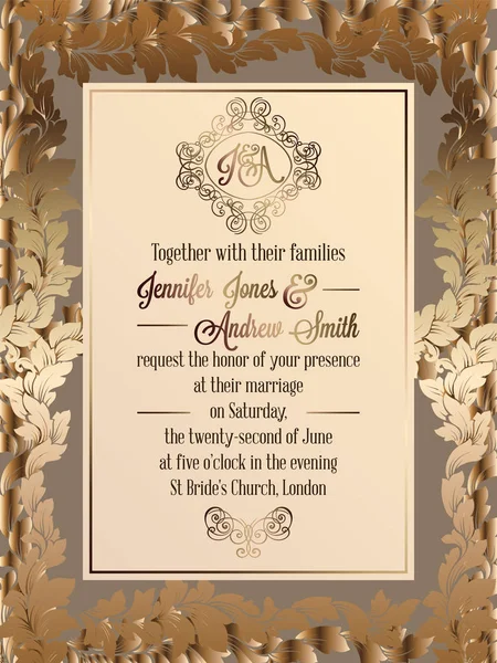 Plantilla de tarjeta de invitación de boda de estilo barroco vintage.. Elegante diseño formal con fondo de damasco, decoración tradicional para boda — Vector de stock