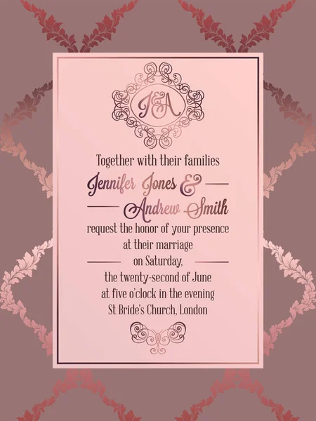 Barokowy styl Vintage ślub zaproszenia karty szablon... Elegancki design formalne z adamaszku tło, tradycyjnych dekoracji na ślub, różowy kolor — Wektor stockowy