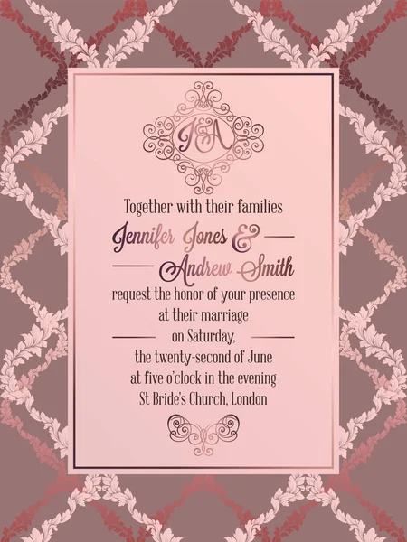 Barokowy styl Vintage ślub zaproszenia karty szablon... Elegancki design formalne z adamaszku tło, tradycyjnych dekoracji na ślub, różowy kolor — Wektor stockowy