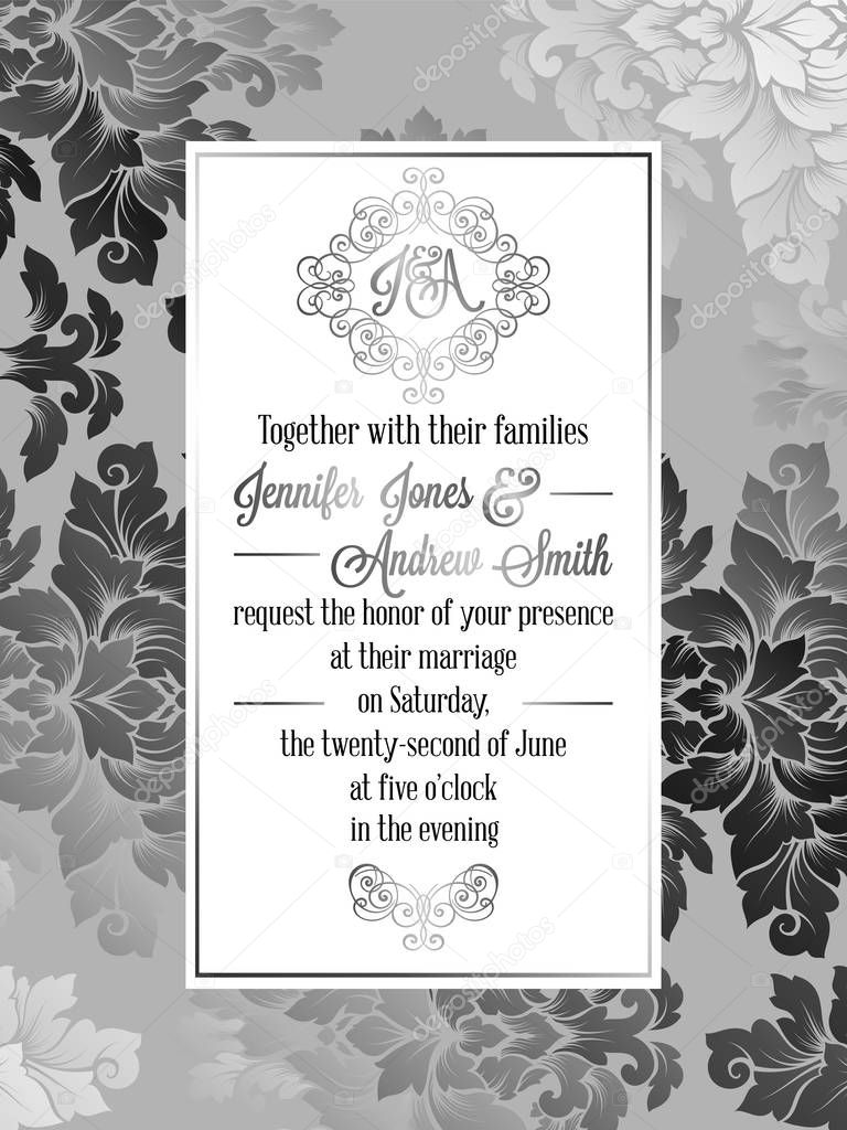 Vintage baroque style wedding invitation card template.. Elegant formal design with damask background, traditional decoration for wedding , silver decoration on gray background