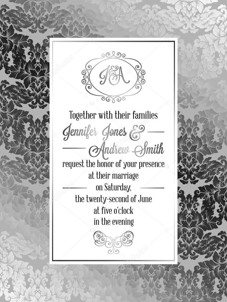Vintage baroque style wedding invitation card template.. Elegant formal design with damask background, traditional decoration for wedding , silver decoration on gray background