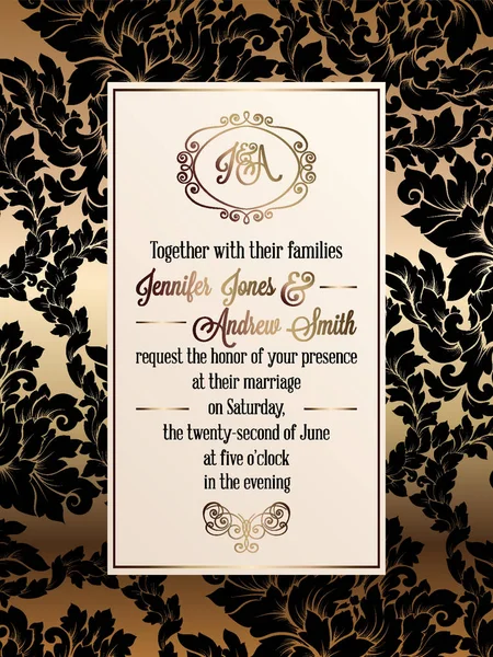 Barokowy styl Vintage ślub zaproszenia karty szablon... Elegancki design formalne z adamaszku tło, tradycyjnych dekoracji na ślub, złoto i czarne tło — Wektor stockowy