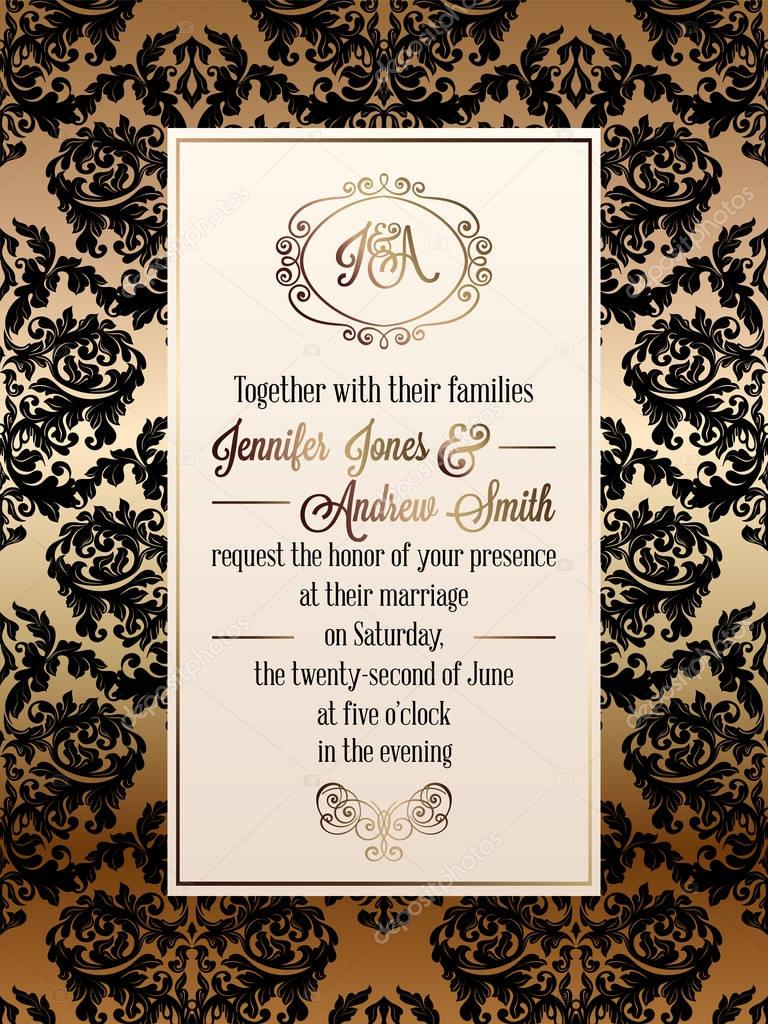 Vintage baroque style wedding invitation card template.. Elegant formal design with damask background, traditional decoration for wedding , gold and black