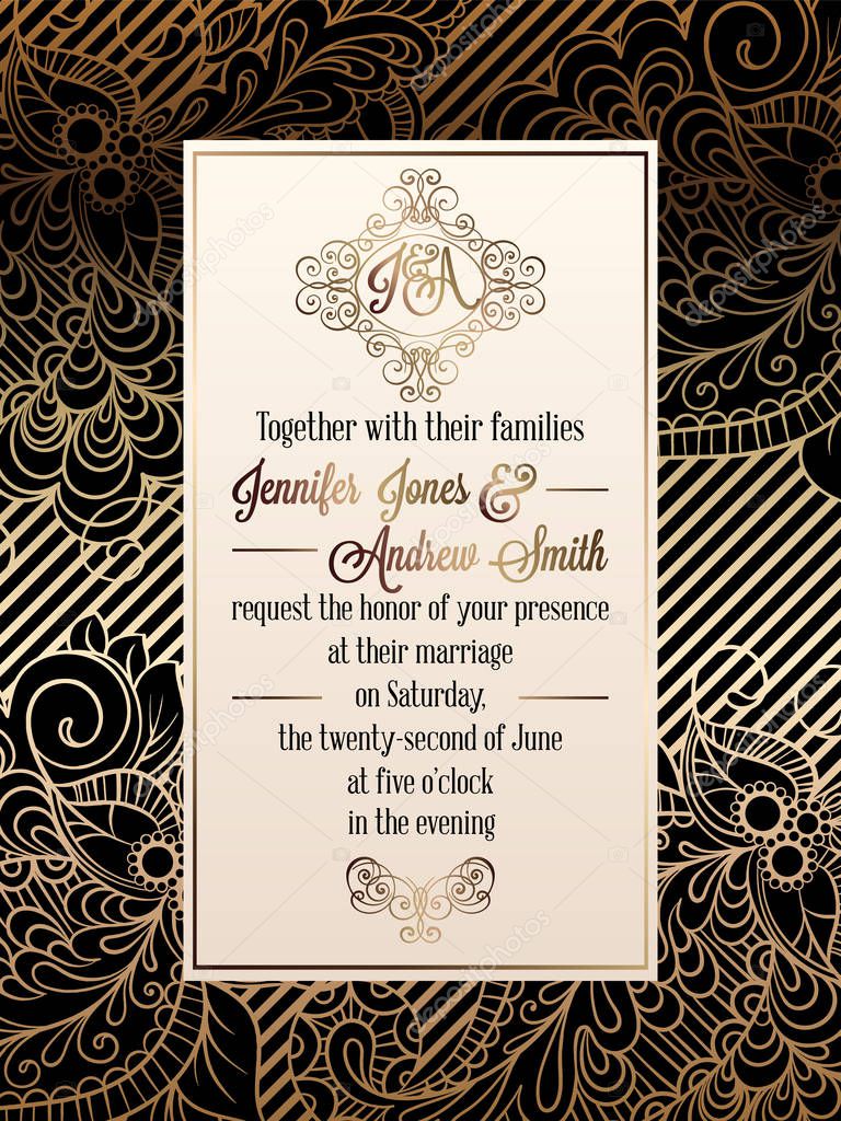 Vintage baroque style wedding invitation card template.. Elegant formal design with damask background, traditional decoration for wedding , gold on black background