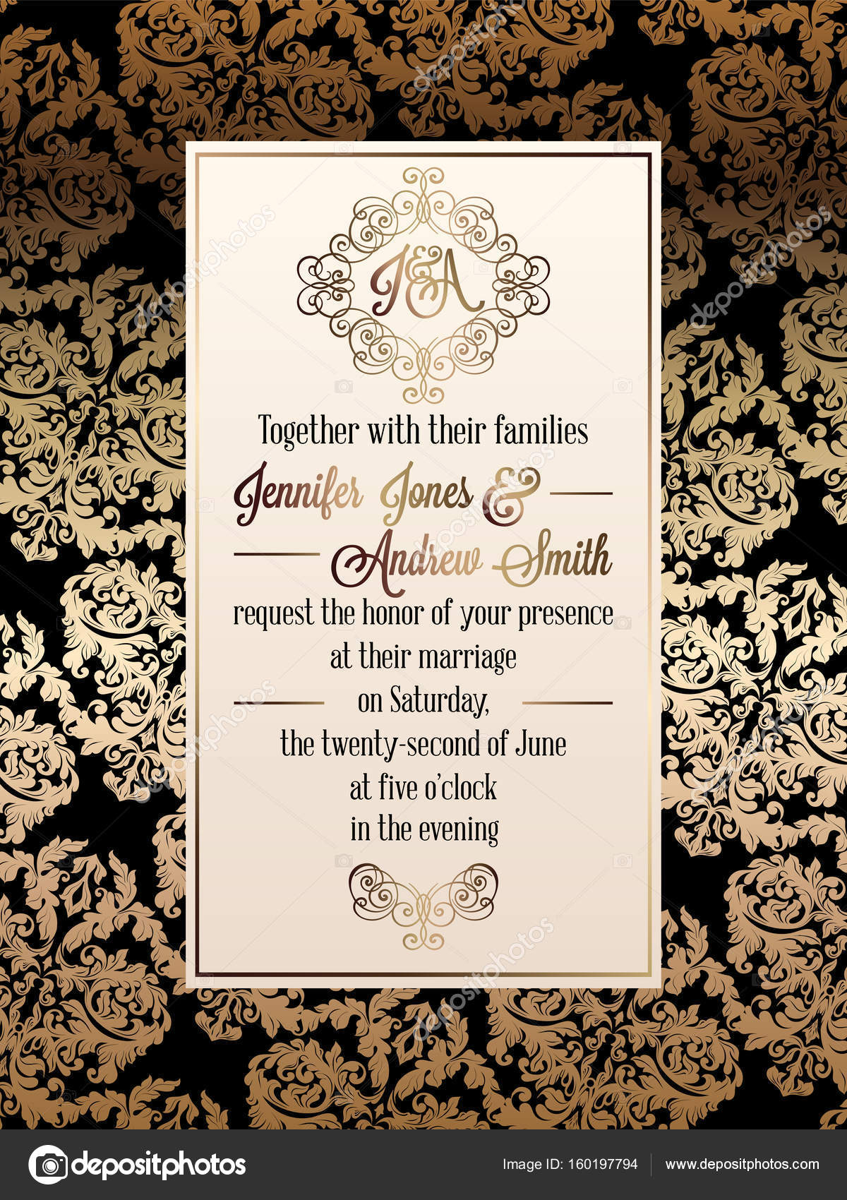 Modele De Carte D Invitation De Mariage De Style Baroque Vintage Elegant Design Formel Avec Fond Damasse Decoration Traditionnelle Pour Mariage Or Sur Fond Noir Image Vectorielle Par Miamilky C Illustration
