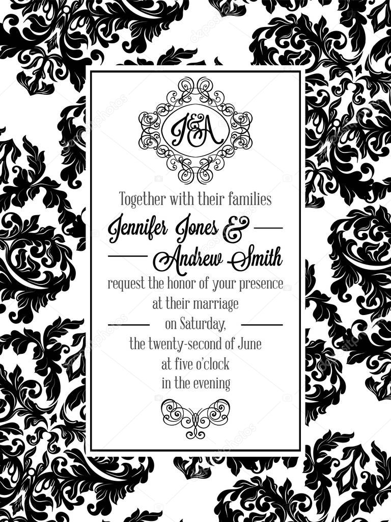 Vintage delicate formal invitation card with black and white lacy design for wedding, marriage, bridal. Baroque style flourish decoration