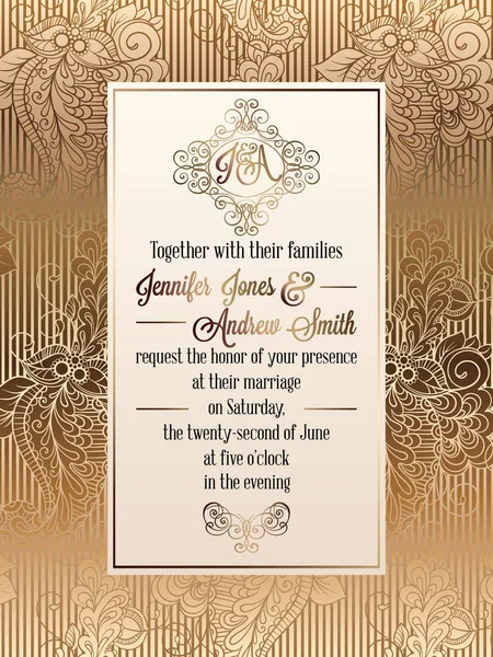 Vintage Barock Stil Hochzeitseinladungskarte Vorlage.. elegantes formales Design mit Damast Hintergrund, traditionelle Dekoration für die Hochzeit — Stockvektor